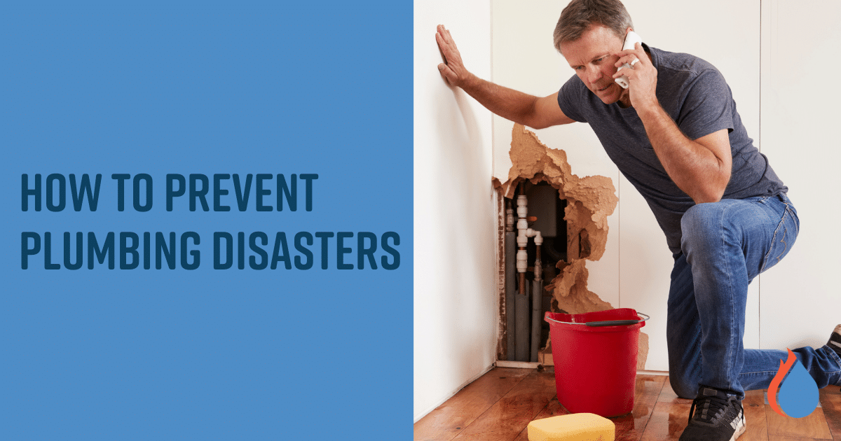 Man with bucket and sponge near a broken pipe.