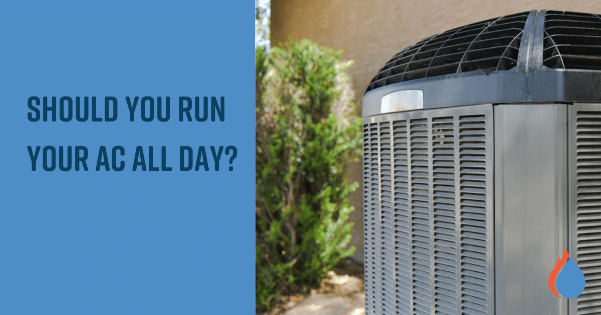 Outdoor air conditioning unit with fan grille and landscaping with text "Should you run your AC all day?"