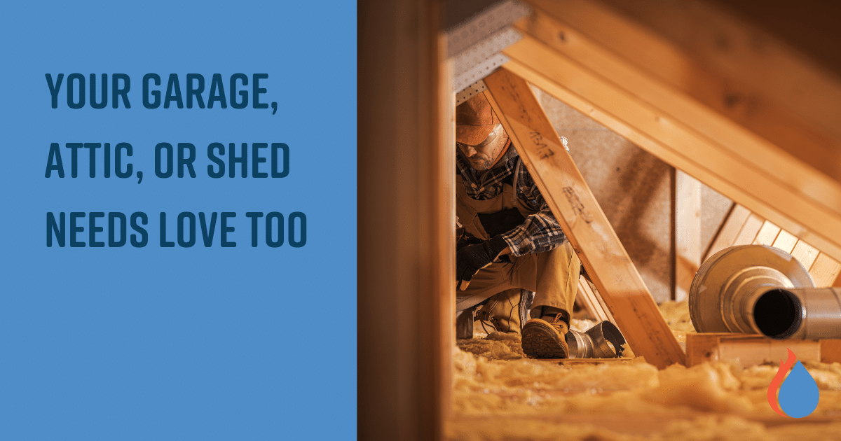 HVAC technician installing ductwork in attic crawl space with text "Your garage, attic, or shed needs love too"